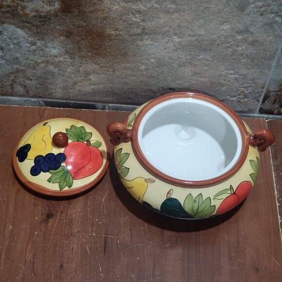 Vintage Ceramic Serving Bowl with Lid Footed Fruit Design - Picture 6 of 10